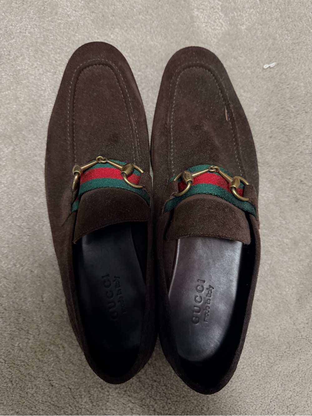 Gucci Brown Suede Loafers with Green-Red Web & Gold Horsebit